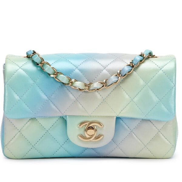 Iridescent Blue, Green, and Purple Ombre Tie-Dye Quilted Lambskin Mini Rectangular Flap Bag Pale Gold Hardware, 2024