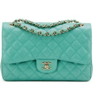 Iridescent Green Quilted Caviar Jumbo Classic Double Flap Pale Gold Hardware, 2019