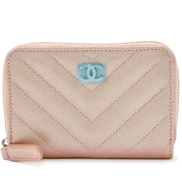 Iridescent Light Pink Chevron Quilted Caviar Zip Around Coin Purse Silver Hardware, 2017