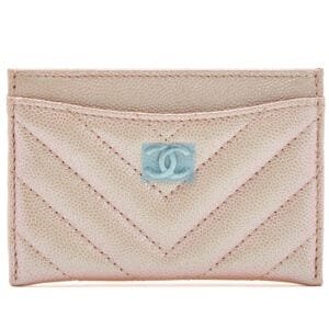 Iridescent Rose Gold Chevron Quilted Caviar Card Holder Silver Hardware, 2017
