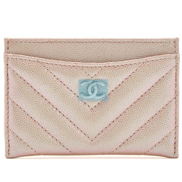 Iridescent Rose Gold Chevron Quilted Caviar Card Holder Silver Hardware, 2017