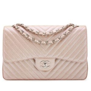 Iridescent Rose Gold Chevron Quilted Caviar Jumbo Classic Double Flap Bag Silver Hardware, 2017