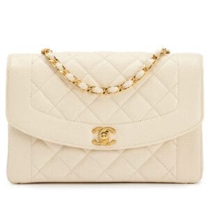 Ivory Beige Quilted Caviar Medium Diana Flap Bag Gold Hardware, 1996-1997