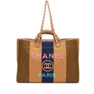 Khaki, Beige, and Navy Blue Striped Raffia Large Deauville Tote Pale Gold Hardware, 2020