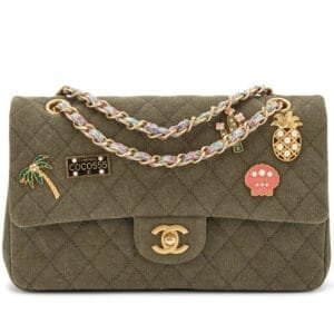 Khaki Quilted Canvas Coco Cuba Charms Medium Classic Double Flap Bag Aged Gold Hardware, 2017