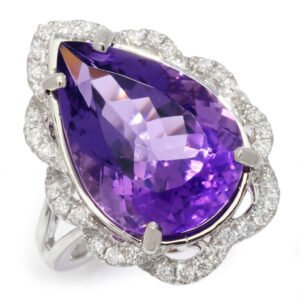Large Pear Amethyst Halo Ring with Diamonds 18K 9.51ctw