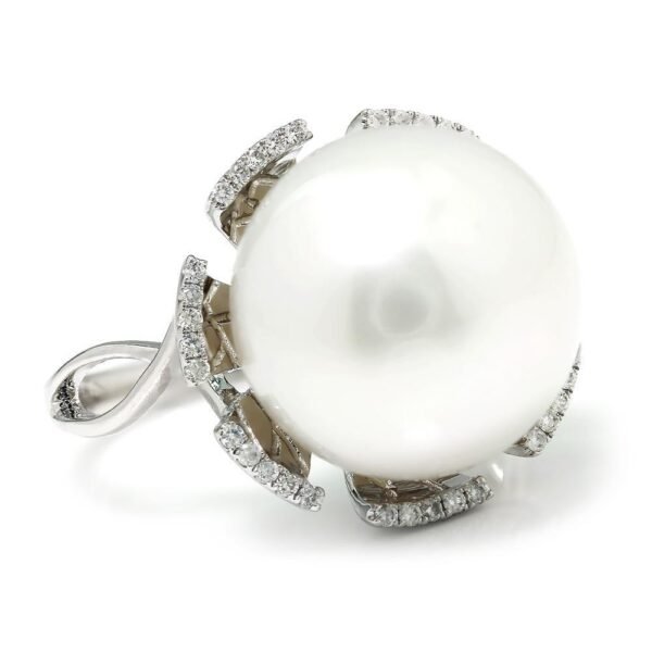Large South Sea Pearl & Diamond Ring 14K White Gold 14MM