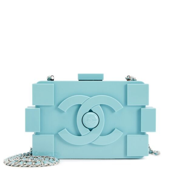 Light Baby Blue Plexiglass Supermarket Boy Brick Lego Minaudière Clutch Silver Hardware, 2014