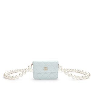 Light Blue Quilted Lambskin Imitation Pearl Chain Micro Bag Silver Hardware, 2021