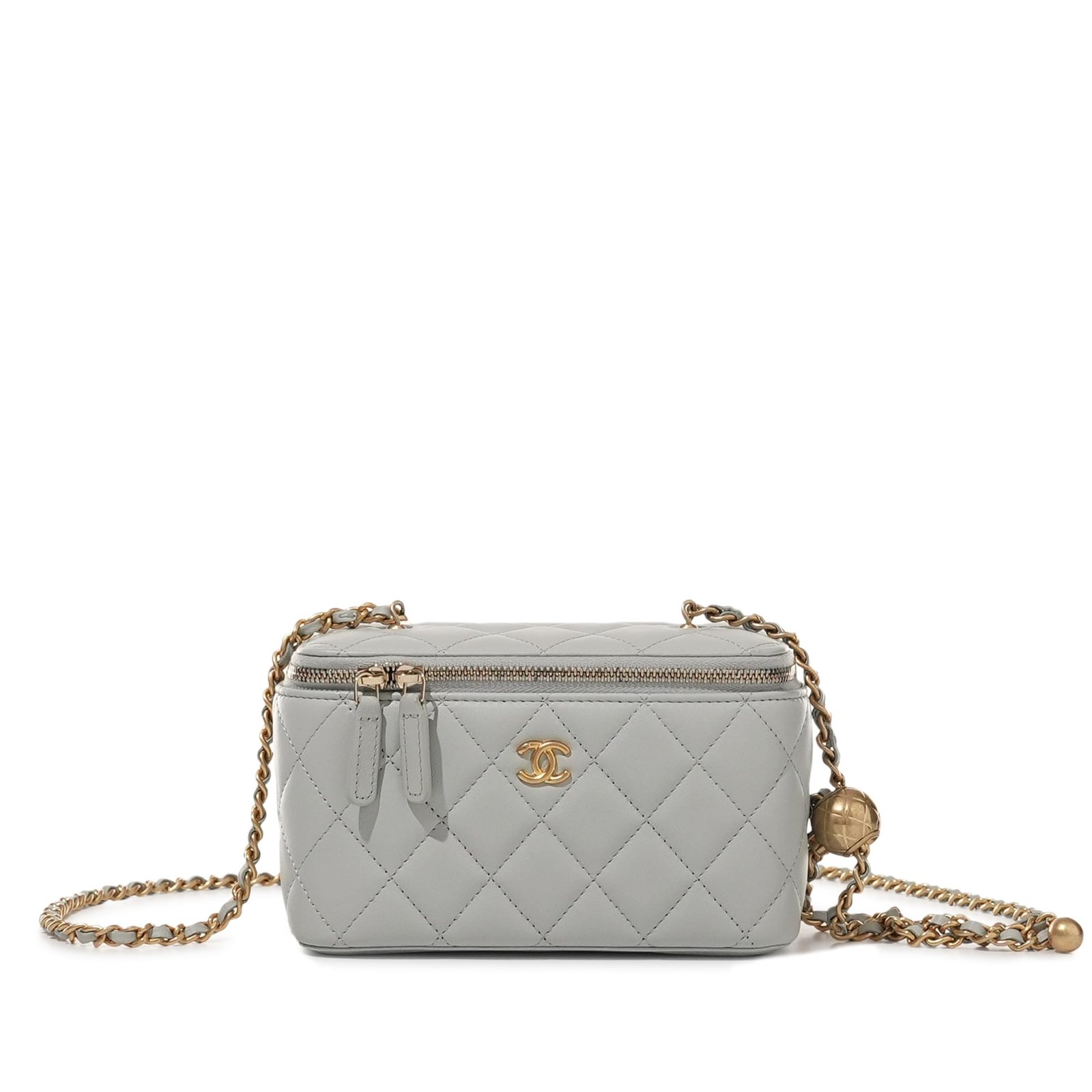 Light Blue Quilted Lambskin Pearl Crush Long Vanity Case Aged Gold Hardware, 2023