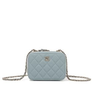 Light Blue Quilted Lambskin Trendy CC Mini Camera Case Pale Gold Hardware, 2022