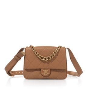 Light Brown Quilted Lambskin Crossbody Flap Bag Aged Gold Hardware