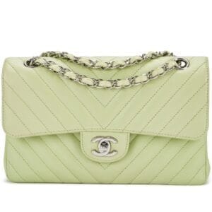 Light Green Chevron Calfskin Double Flap Bag Silver Hardware