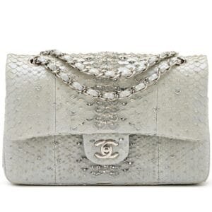 Light Grey and Blue Iridescent Python Crystal and Chain Embellished Medium Classic Double Flap Silver Hardware, 2012