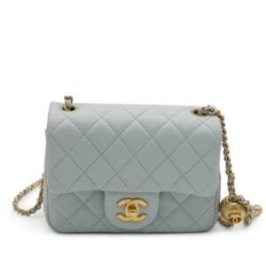 Light Grey Quilted Lambskin Mini Square Pearl Crush Flap Bag Gold Hardware