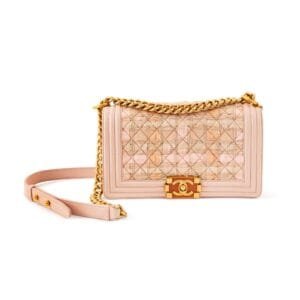 Light Pink and Beige Lambskin Leather and Cuban Tween Boy Bag Medium Antique Gold Hardware and Wood Inaly, 2017