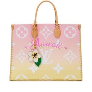 Light Pink and Yellow Giant Monogram Canvas and Raffia By the Pool Hawaii OnTheGo GM Gold Hardware, 2021