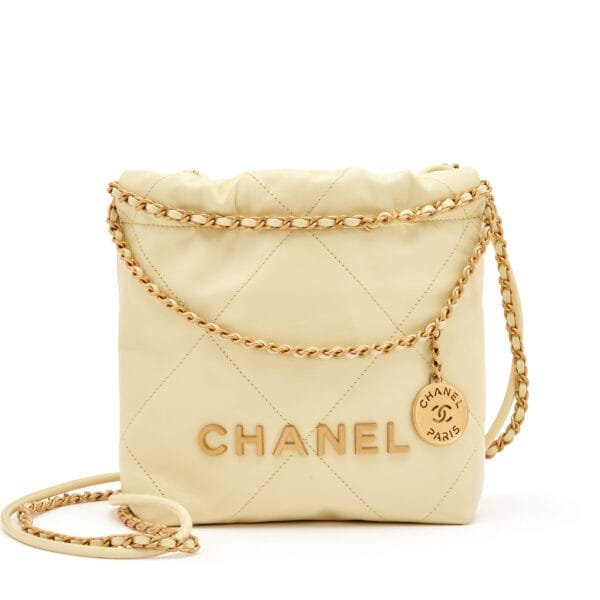 Light Yellow Quilted Calfskin Mini 22 Hobo Bag Gold Hardware, 2023