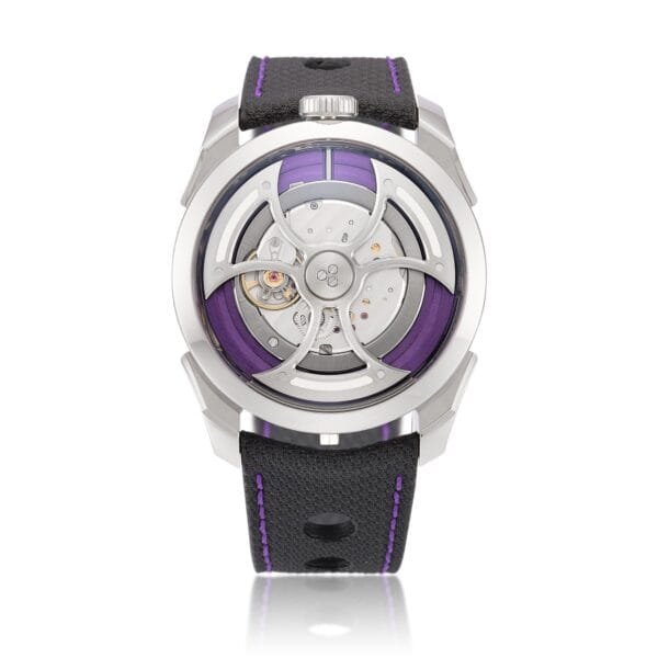 M.A.D Edition. A stainless steel semi-skeletonised wristwatch with lateral time display and triple-blade winding rotor, Made in collaboration with MB&F. circa 2024