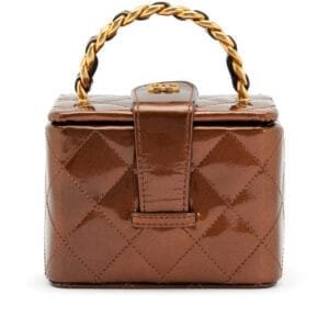 Metallic Bronze Quilted Patent Mini Square Vanity Case Bag Antique Gold Hardware, 1994-1996