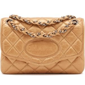 Metallic Gold Quilted Aged Calfskin Ligne Braided Flap Bag Ruthenium Hardware, 2006