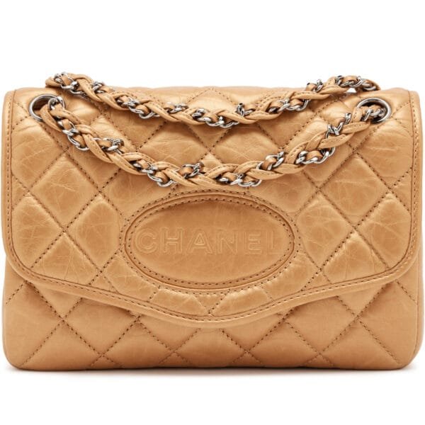 Metallic Gold Quilted Aged Calfskin Ligne Braided Flap Bag Ruthenium Hardware, 2006