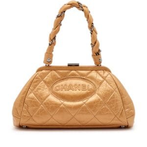 Metallic Gold Quilted Aged Calfskin Ligne Frame Braided Handle Bag Ruthenium Hardware, 2006