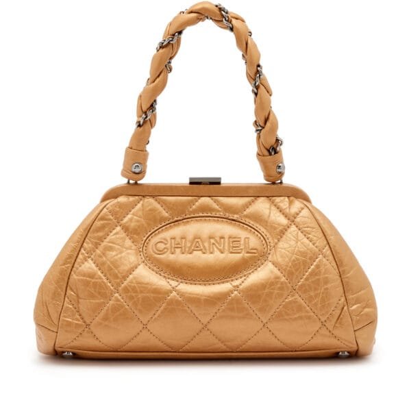 Metallic Gold Quilted Aged Calfskin Ligne Frame Braided Handle Bag Ruthenium Hardware, 2006