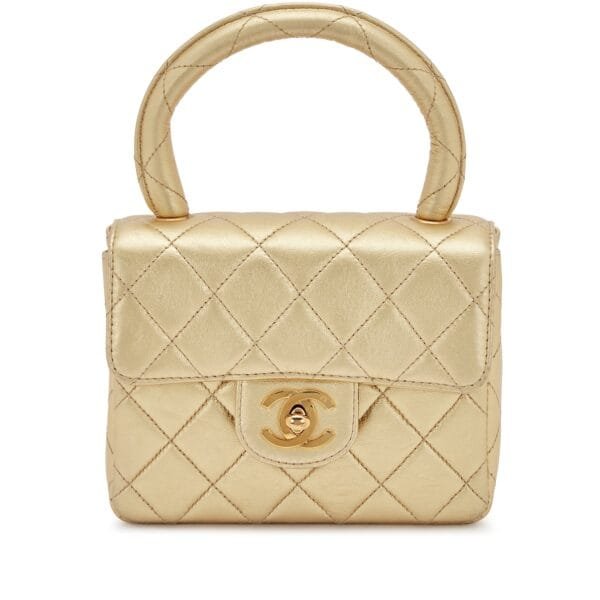 Metallic Gold Quilted Lambskin CC Top Handle Mini Kelly Bag Gold Hardware, 1991-1994