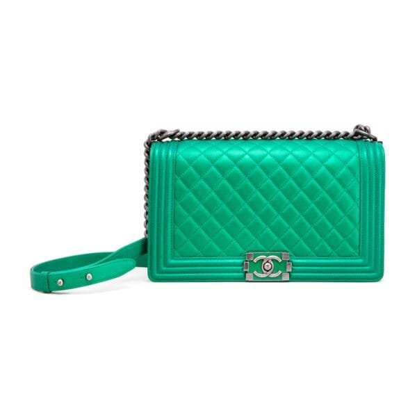 Metallic Green Quilted Calfskin Large Boy Bag Ruthenium and Enamel Inlay Hardware, 2014