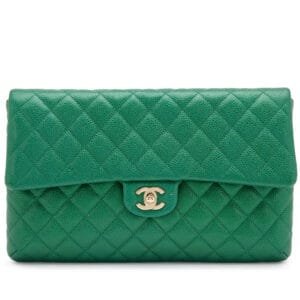 Metallic Pearly Green Quilted Caviar Classic Clutch Gold Hardware, 2018