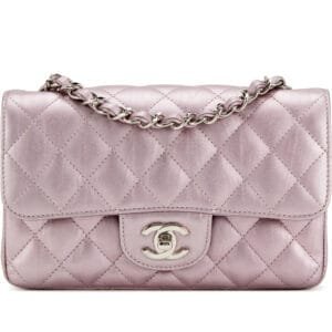 Metallic Pink Quilted Calfskin Mini Rectangular Classic Single Flap Silver Hardware, 2018