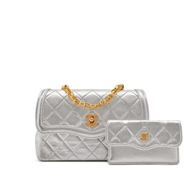 Metallic Silver Quilted Lambskin Mini Border Curved Flap with Pouch Gold Hardware, 1989-1991