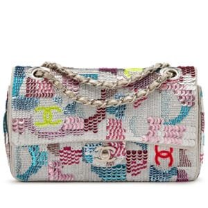 Multicolor CC Embroidered Sequin and Metallic Silver Quilted Iridescent Goatskin Pop Art Medium Classic Double Flap Brushed Silver Hardware, 2014