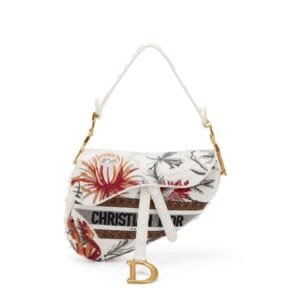 Multicolor Embroidered Camouflage Flowers Canvas Saddle Bag Gold Hardware, 2020