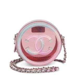 Multicolor Patent Calfskin and PVC Filigree Round Clutch with Chain Silver Hardware, 2020