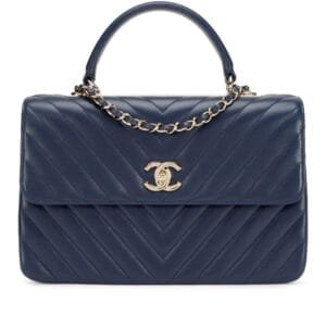 Navy Blue Chevron Quilted Lambskin Medium Trendy CC Dual Handle Flap Bag Gold Hardware, 2017-2018