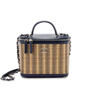Navy Blue Glazed Calfskin and Beige Raffia Rattan Take Away Vanity Case Silver Hardware, 2020