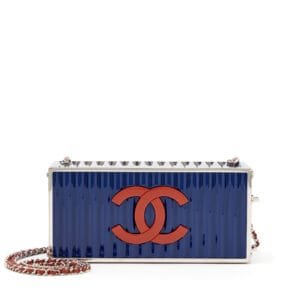 Navy Blue, Green and Dark Red Lucite Paris-Hamburg Shipping Container Minaudiere Silver Hardware, 2018