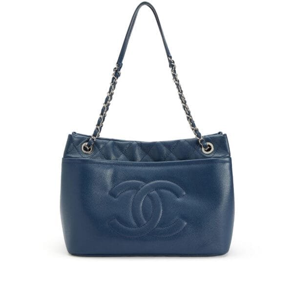 Navy Blue Quilted Caviar Timeless CC Soft Shopper Tote Gold Hardware, 2012