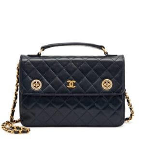 Navy Blue Quilted Lambskin CC Double Turn Lock Mini Briefcase Bag Gold Hardware, 1986-1988