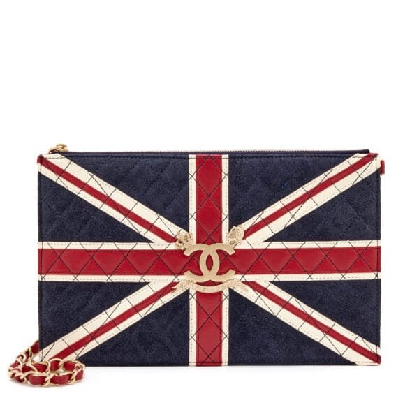 Navy Blue Suede, Burgundy Red and Cream White Lambskin Paris London Union Jack Clutch Brush Gold Hardware, 2008