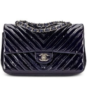 Navy Chevron Patent Timeless Classic Double Flap Bag Silver Hardware, 2015-16