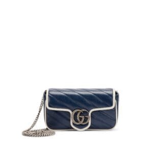Navy Diagonal Matelasse Vintage Effect Calfskin Super Mini Torchon GG Marmont Silver Hardware