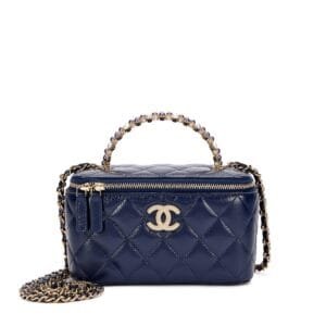 Navy Quilted Aged Calfskin and Imitation Pearl Top Handle Vanity Case Pale Gold Hardware