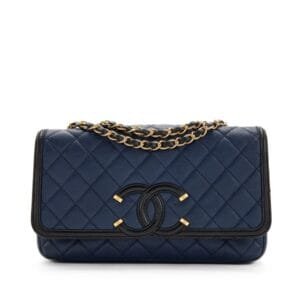 Navy Quilted Caviar and Black Lambskin Medium CC Filigree Flap Bag Gold Hardware, 2017