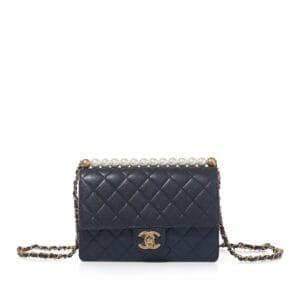Navy Quilted Lambskin and Imitation Pearl Flap Bag Brushed Gold Hardware, 2020
