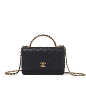 Navy Quilted Lambskin Top Handle Wallet on Chain Brushed Gold Hardware, 2022