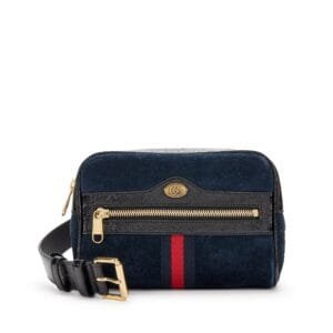 Navy Suede and Black Patent Leather Small Ophidia Banane Waist Bag Gold Hardware