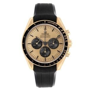 Omega Speedmaster Moonwatch (Reference 310.62.42.50.99.001). An unworn yellow gold automatic wristwatch with chronograph. 2024